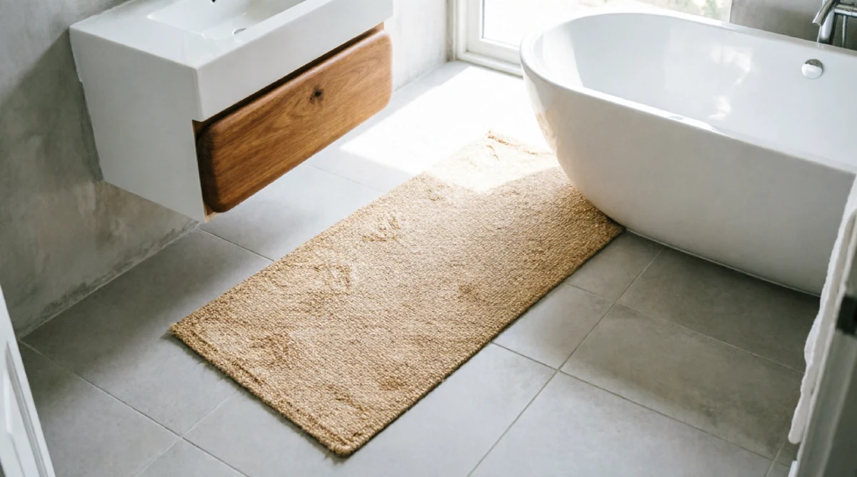 Sandy beige jute runner on white tile bathroom floor with natural summer light