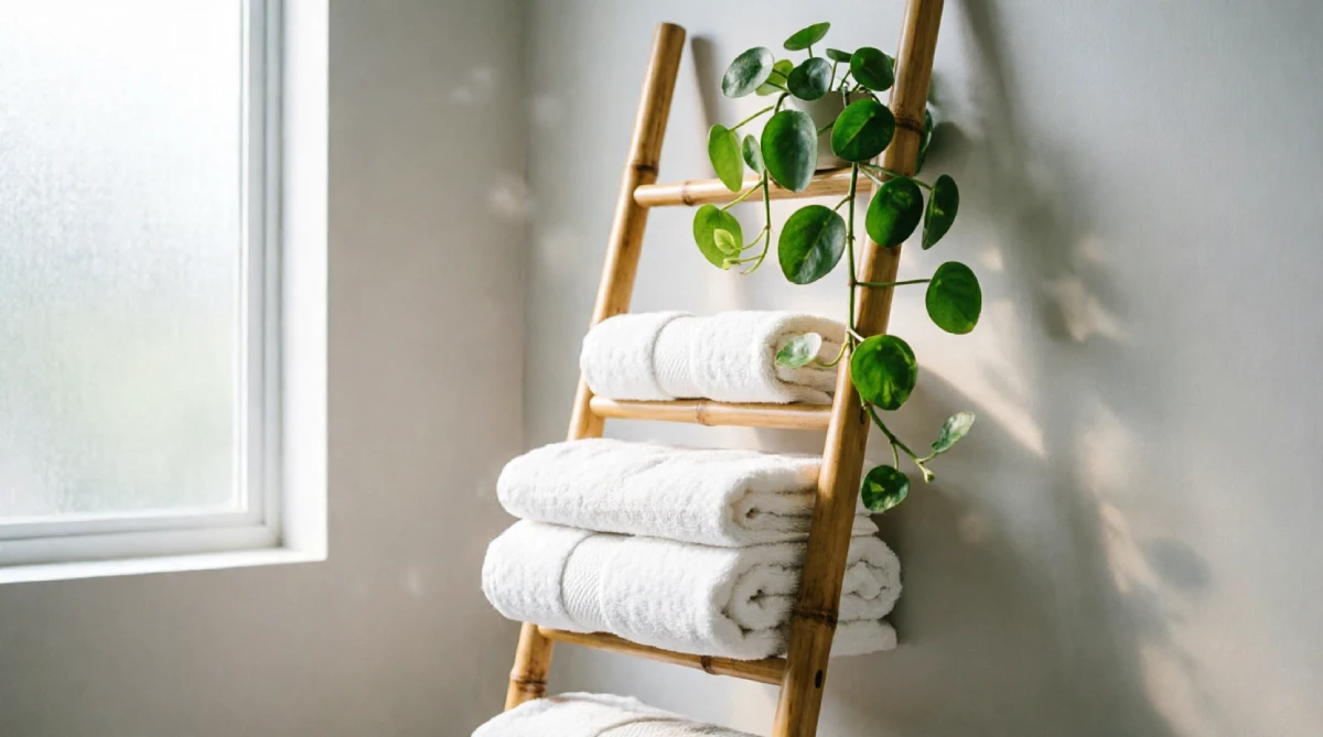 Bamboo ladder shelf in a compact bathroom, adding vertical storage and a coastal summer feel.