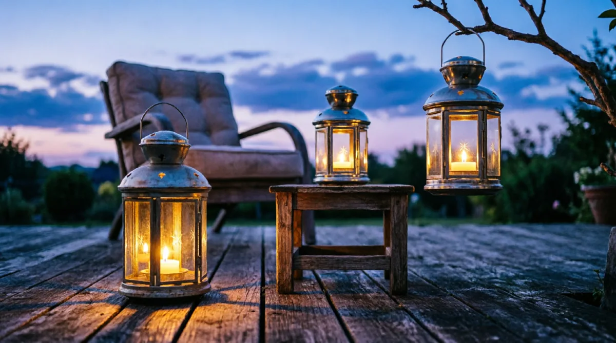 A cluster of lanterns at different heights creating a warm, flickering glow on a patio