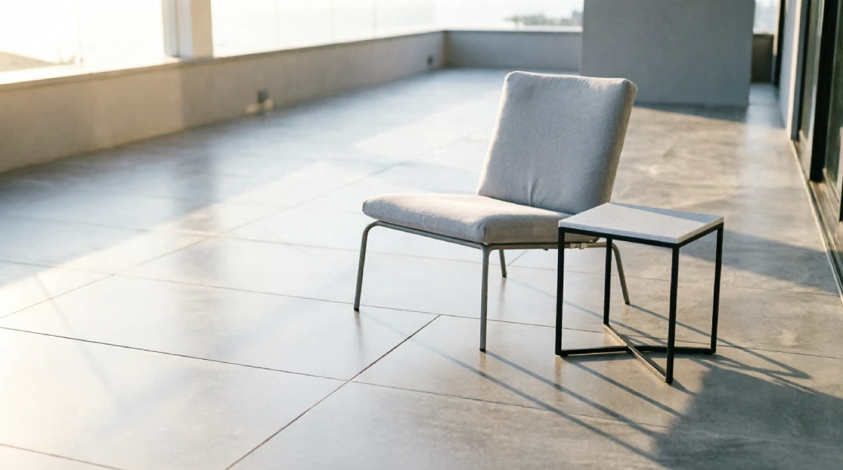 A modern patio with large porcelain pavers and minimal joint lines