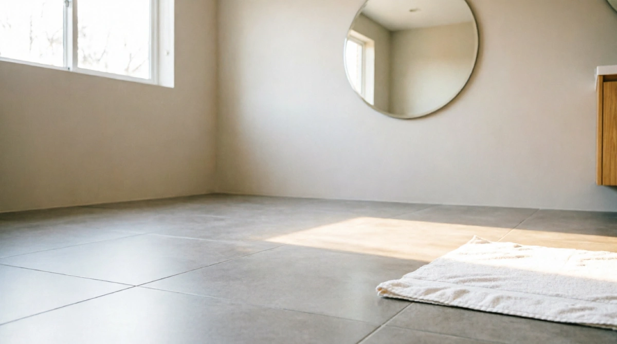 Light grey large-format porcelain tiles cooling a modern summer bathroom floor