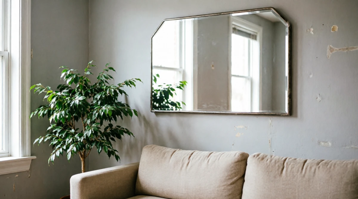 Oversized mirror reflecting window light in a small summer living room making the space feel larger