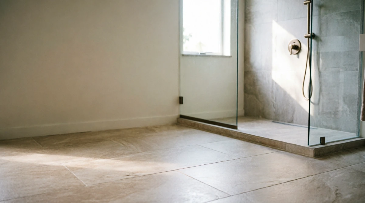Large-format porcelain slabs in a summer bathroom that stay cool