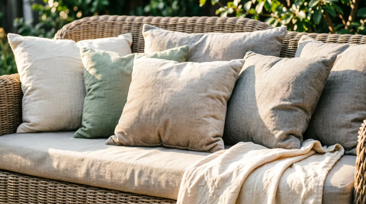 Wicker outdoor furniture layered with soft pillows and a throw for a cozy, relaxed look