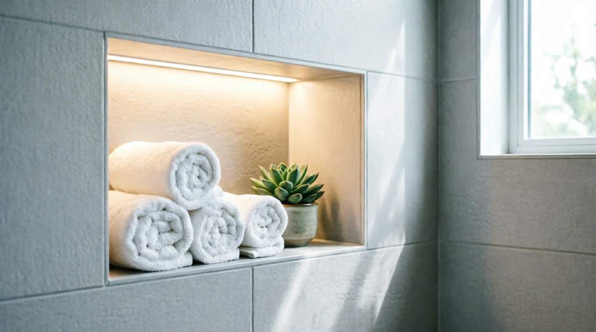 13 Summer Bathroom Lighting Ideas That Improve Brightness - Bathroom - Homedecortoday LED strip lighting in bathroom niches adding subtle brightness.