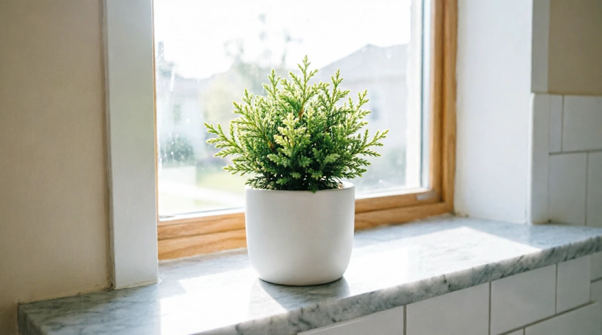 Small lemon cypress in white ceramic pot on bathroom windowsill with natural daylight