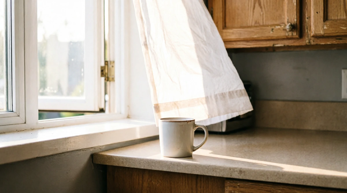 Light cotton curtains keeping a budget summer kitchen brighter and naturally cooler