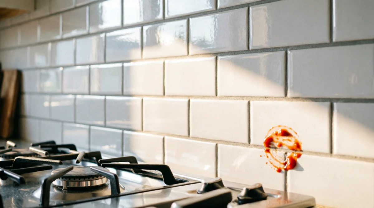 White reflective tile backsplash installed behind stove to reduce radiated heat