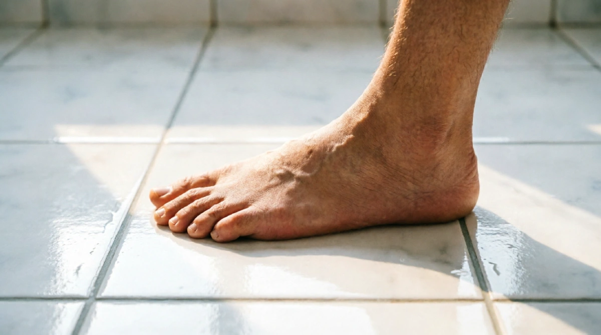 White bathroom tiles with light gray grout showing cooler surface temperature
