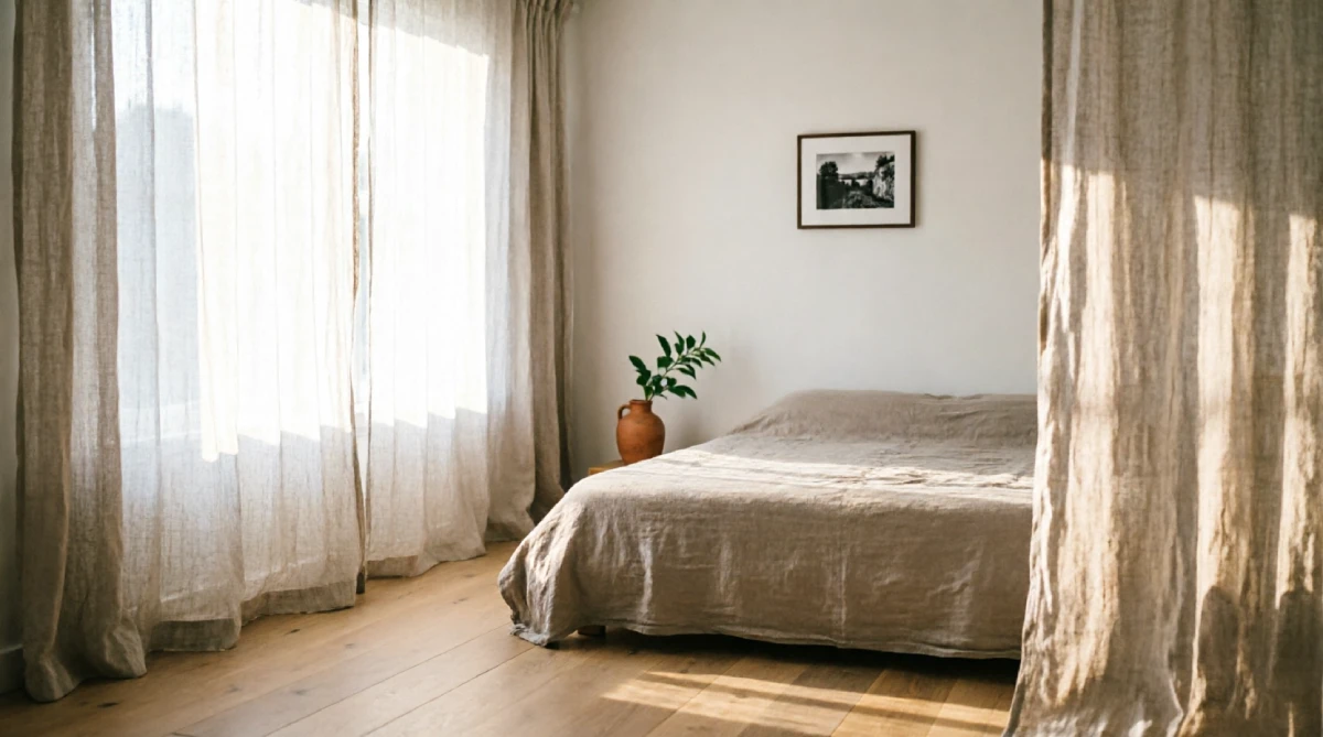 Flowing linen curtain panels allowing natural light into a calm summer bedroom