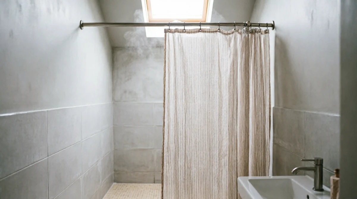 Airy striped shower curtain on a curved rod in a small summer bathroom, adding brightness without bulk.