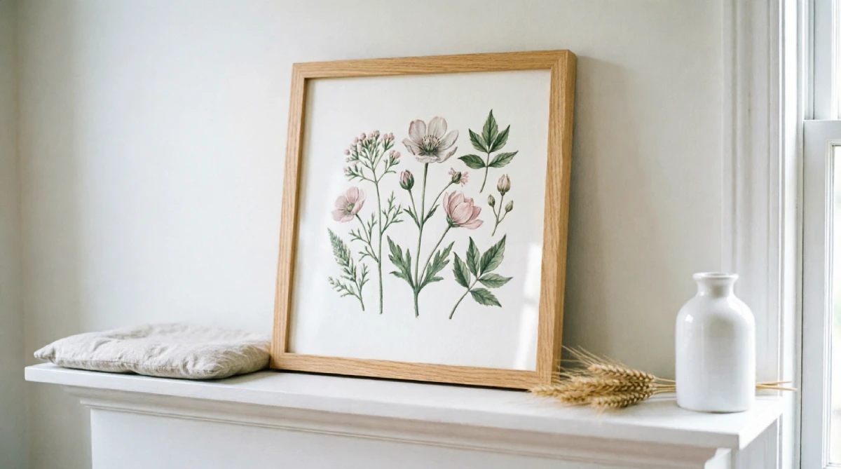 Light botanical wall art leaning on a living room mantel for a summer update