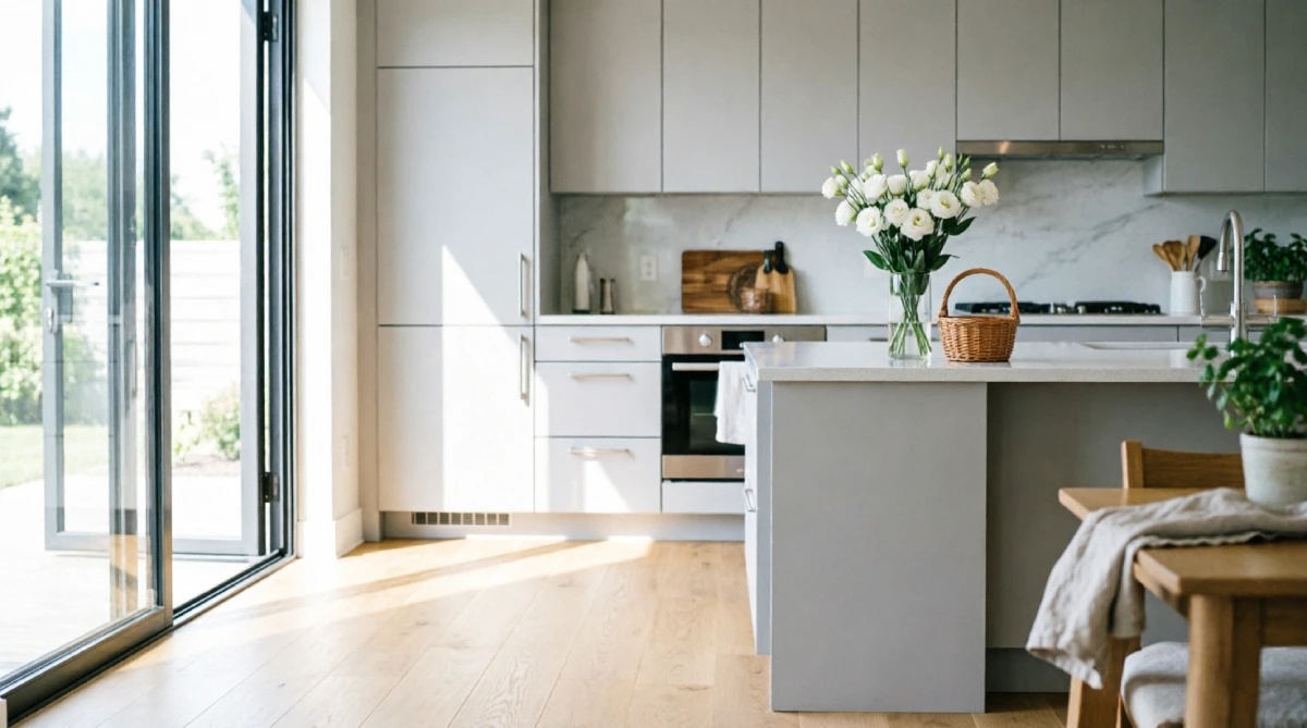 Modern summer kitchen with bleached oak engineered wood flooring in matte finish