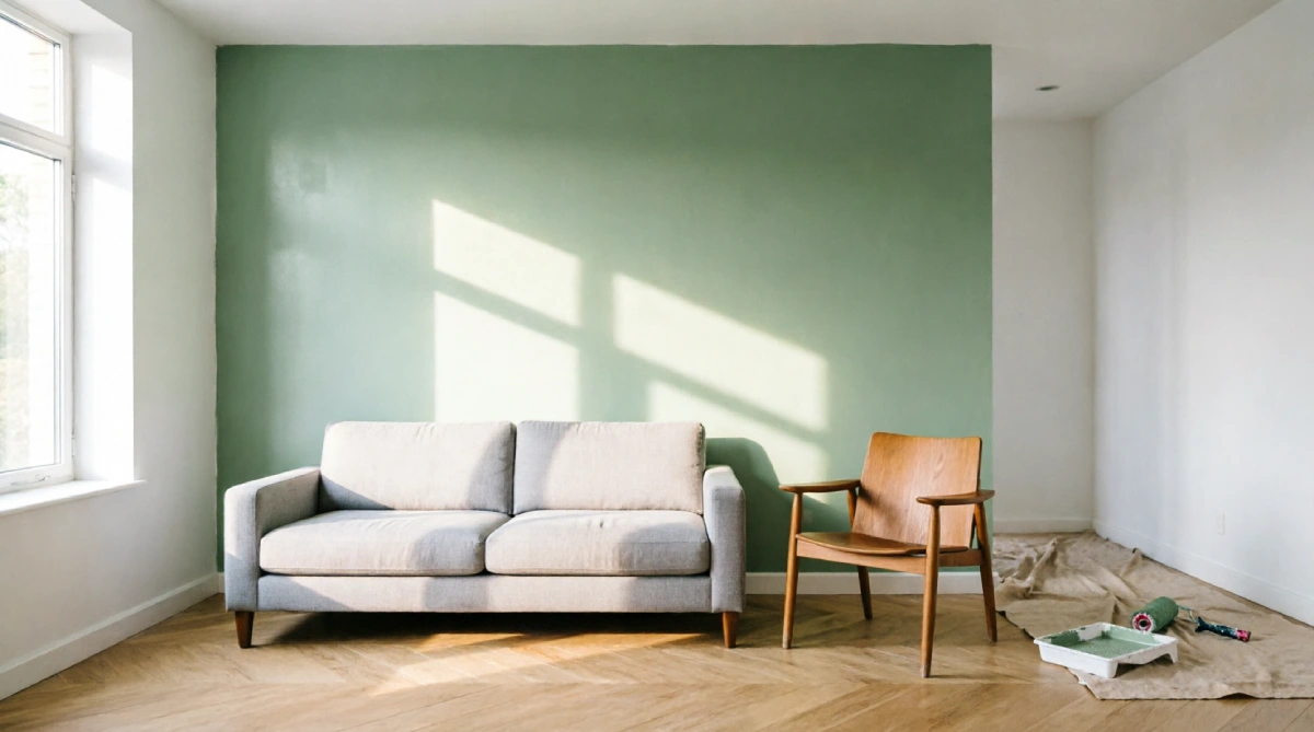 Pale sage green accent wall in a naturally lit summer living room