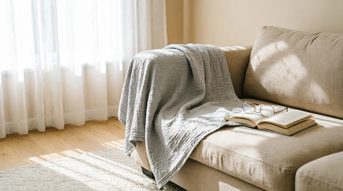 Lightweight cotton throw draped over a sofa arm in a summer living room