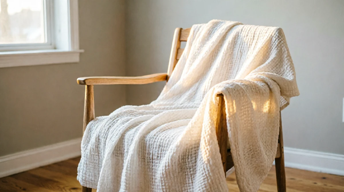 Lightweight white cotton gauze throw on a chair for summer living room comfort