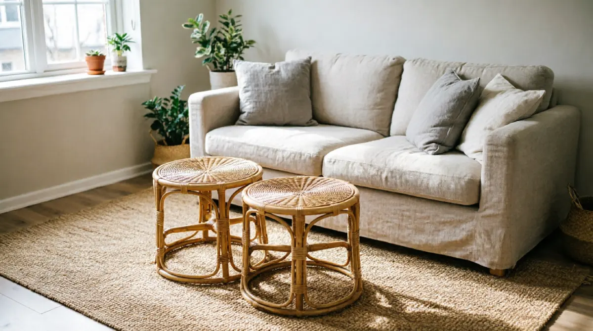 Two woven stools as flexible coffee table alternatives in a small summer living room