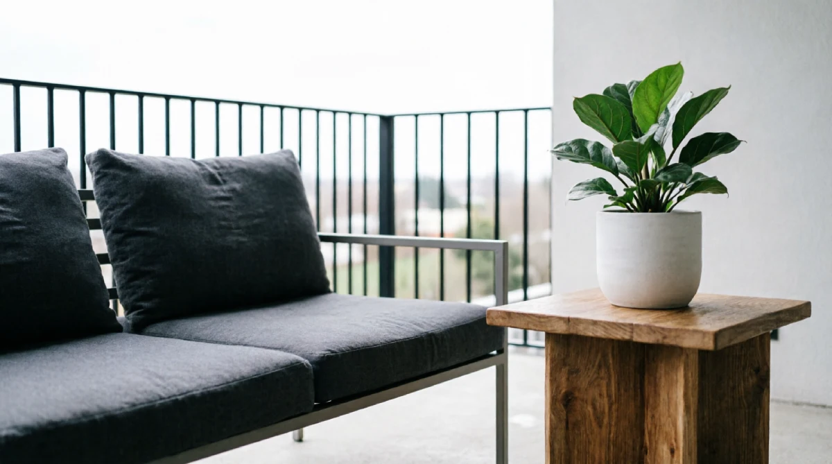 Charcoal and wood colour scheme in a clean minimal outdoor balcony