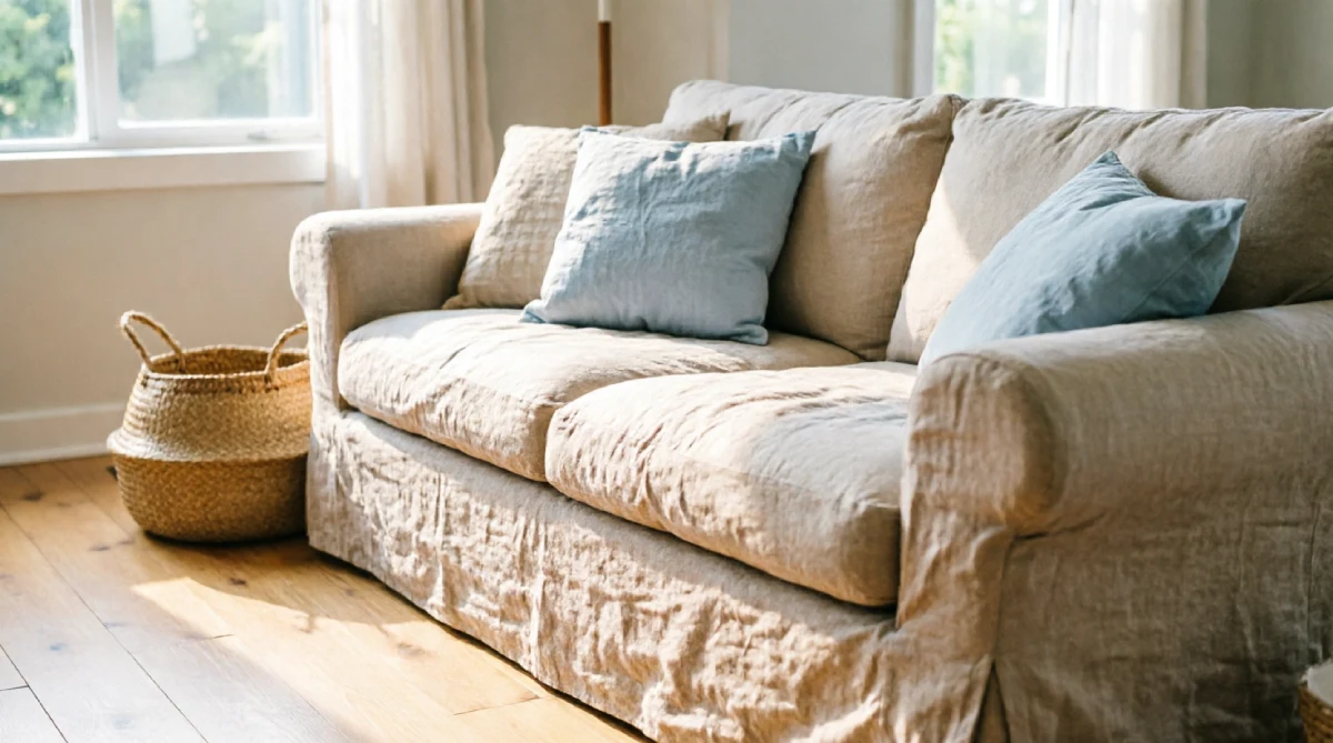 Linen and cotton cushion covers on a sofa in a summer living room setting