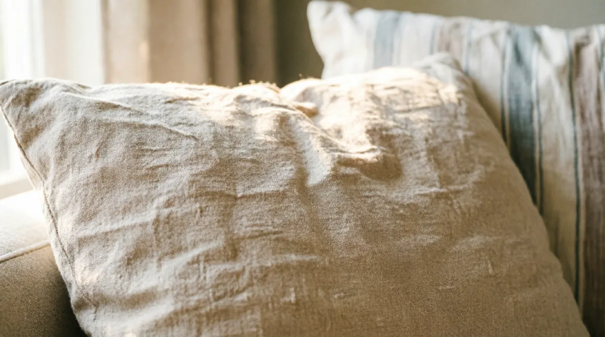 Light linen cushion cover adding soft texture to a summer living room sofa