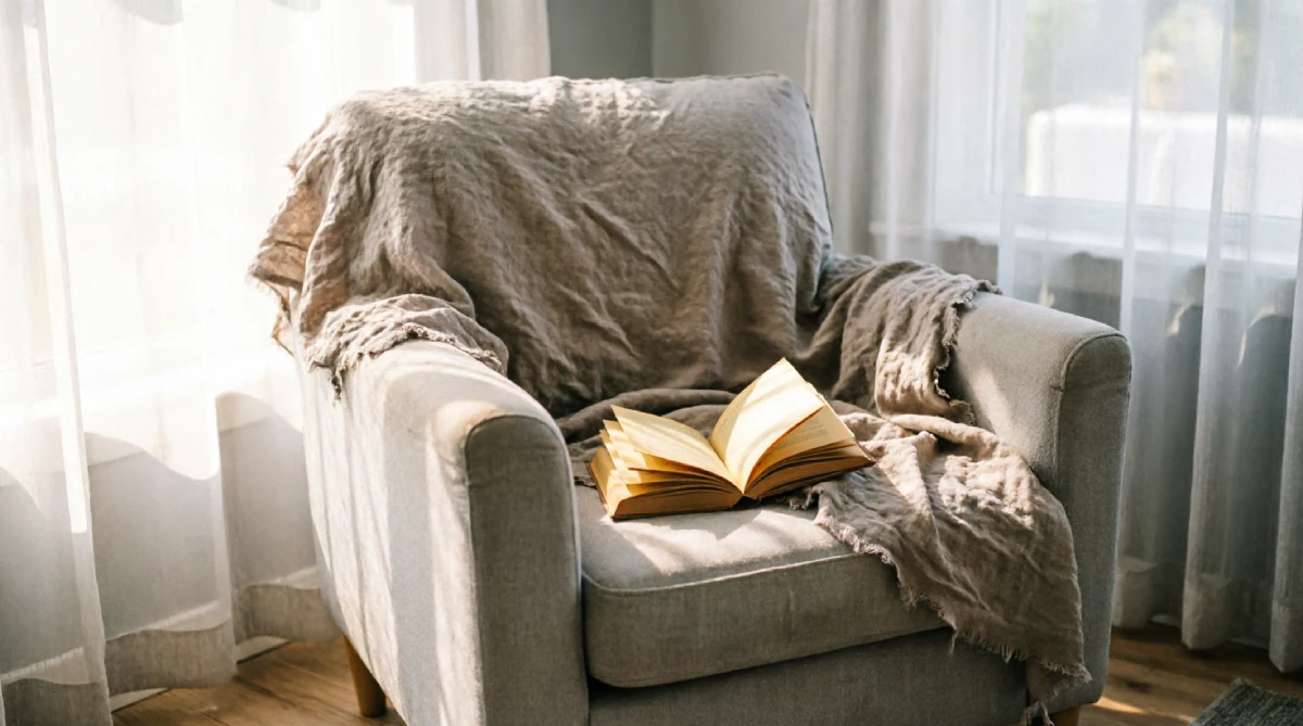 Lightweight linen throw draped over an armchair in a bright, airy summer living room