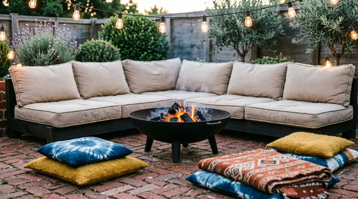  Low-profile deep seating with floor cushions in a small backyard summer setup