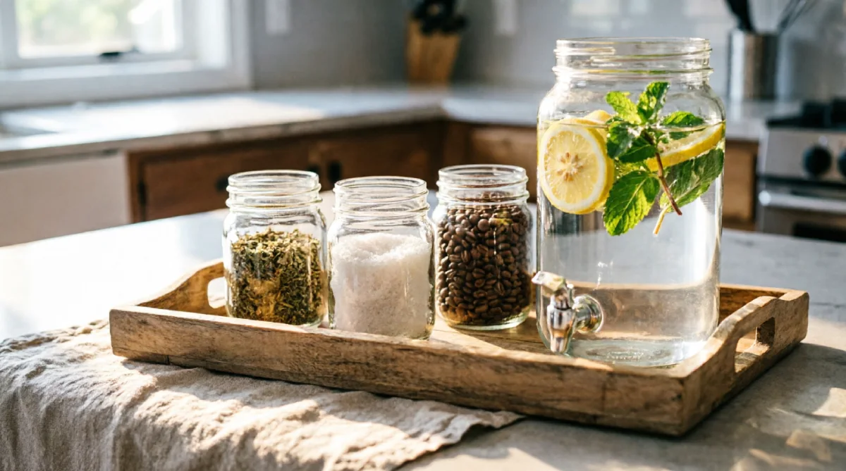 Mason jar drink station reducing fridge use in a budget summer kitchen for extra savings