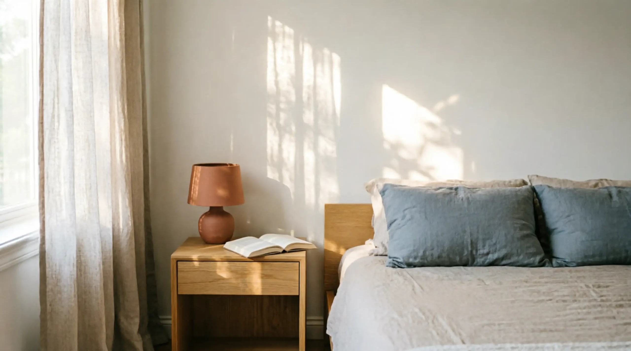 Light-coloured matte wall reflecting soft summer brightness throughout a bedroom