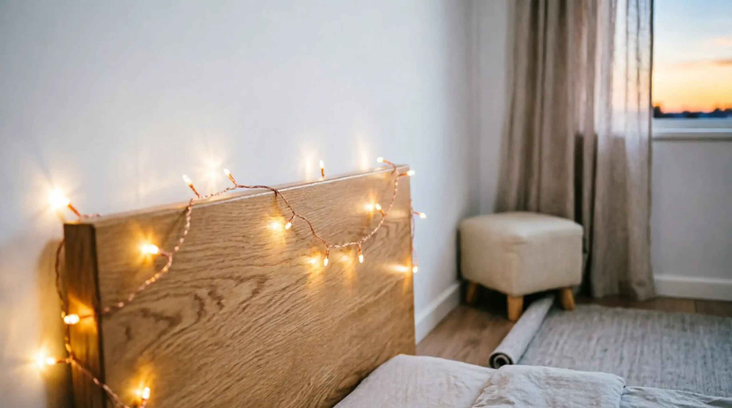 Delicate warm-white micro LED string lights adding soft sparkle to a summer bedroom