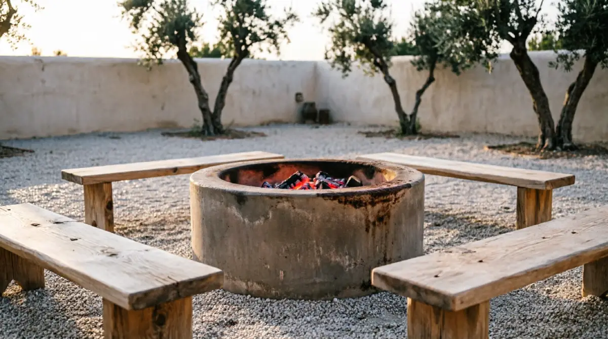 Concrete fire bowl as a single focal point in a clean outdoor space