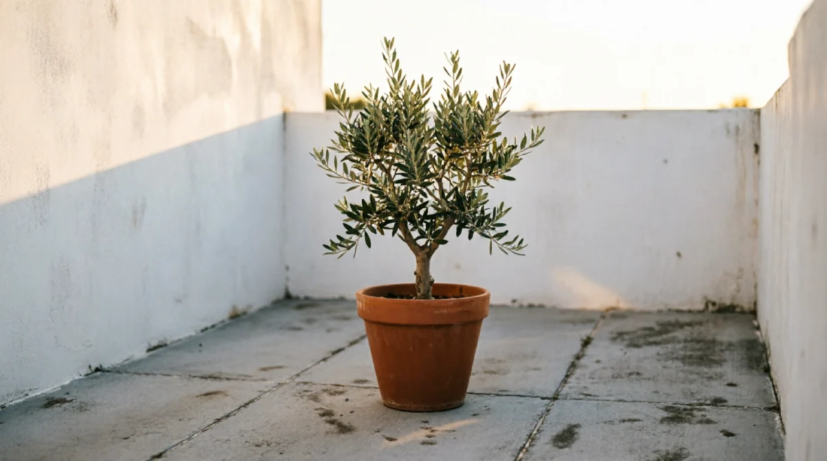 Light grey patio floor for a calm minimal outdoor space with a single tree in a pot.