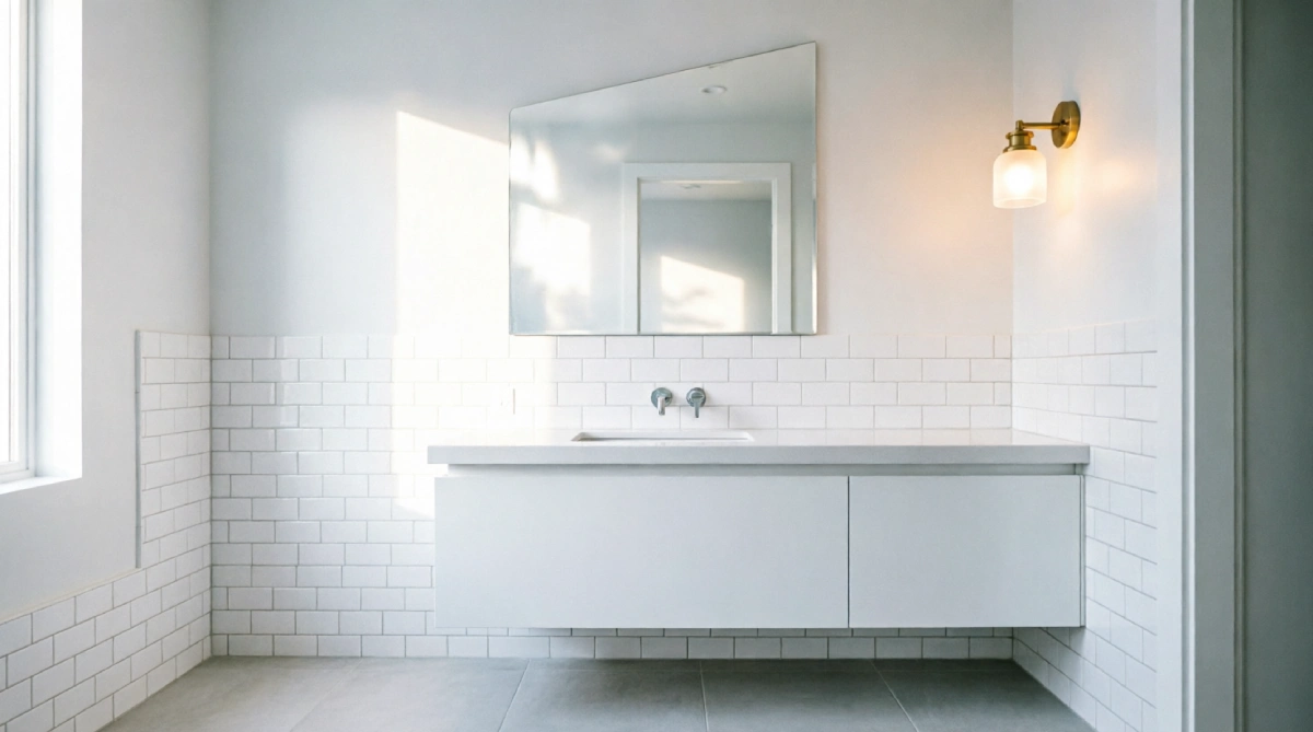 Frameless mirror reflecting light in a bright summer bathroom