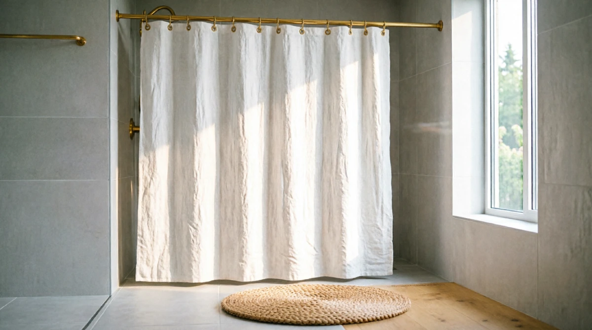 White linen shower curtain creating a simple summer bathroom atmosphere