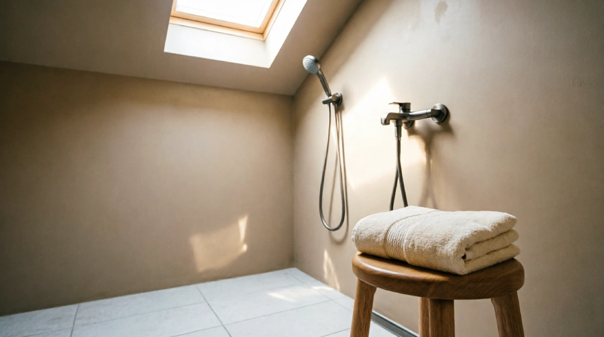 Beige and off-white bathroom with a wooden stool for a summer minimal look.
