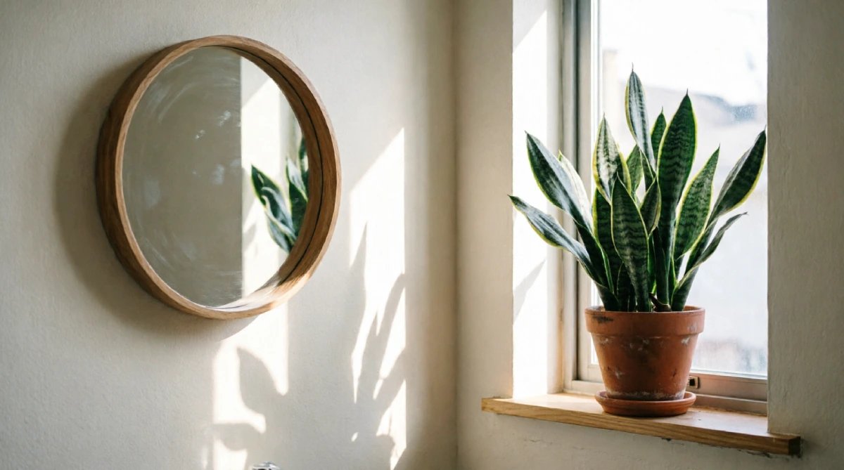 Minimal bathroom with a single snake plant adding fresh summer vibes