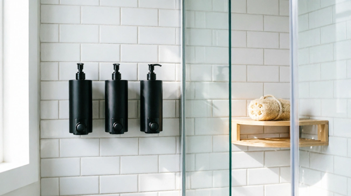 Wall-mounted dispensers in a minimalist summer bathroom shower