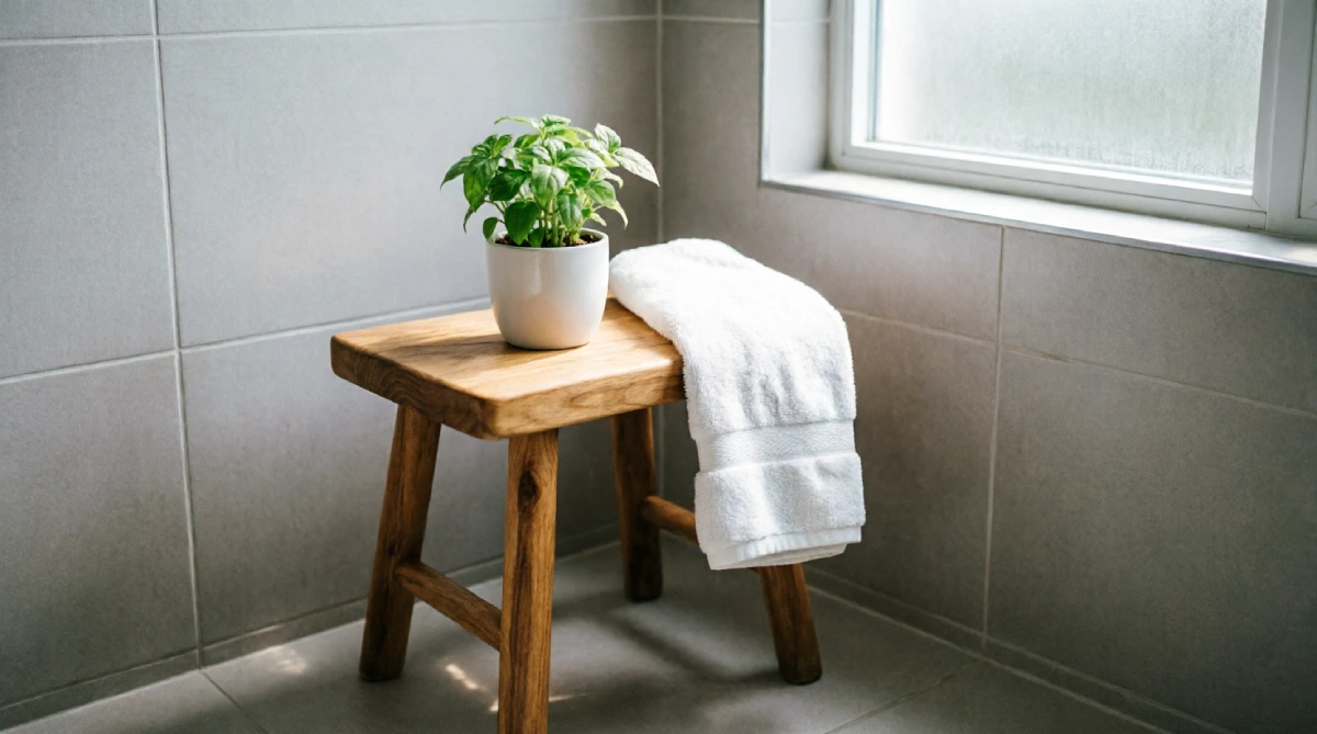 Acacia wood stool adding a spa-like touch in a minimal summer bathroom