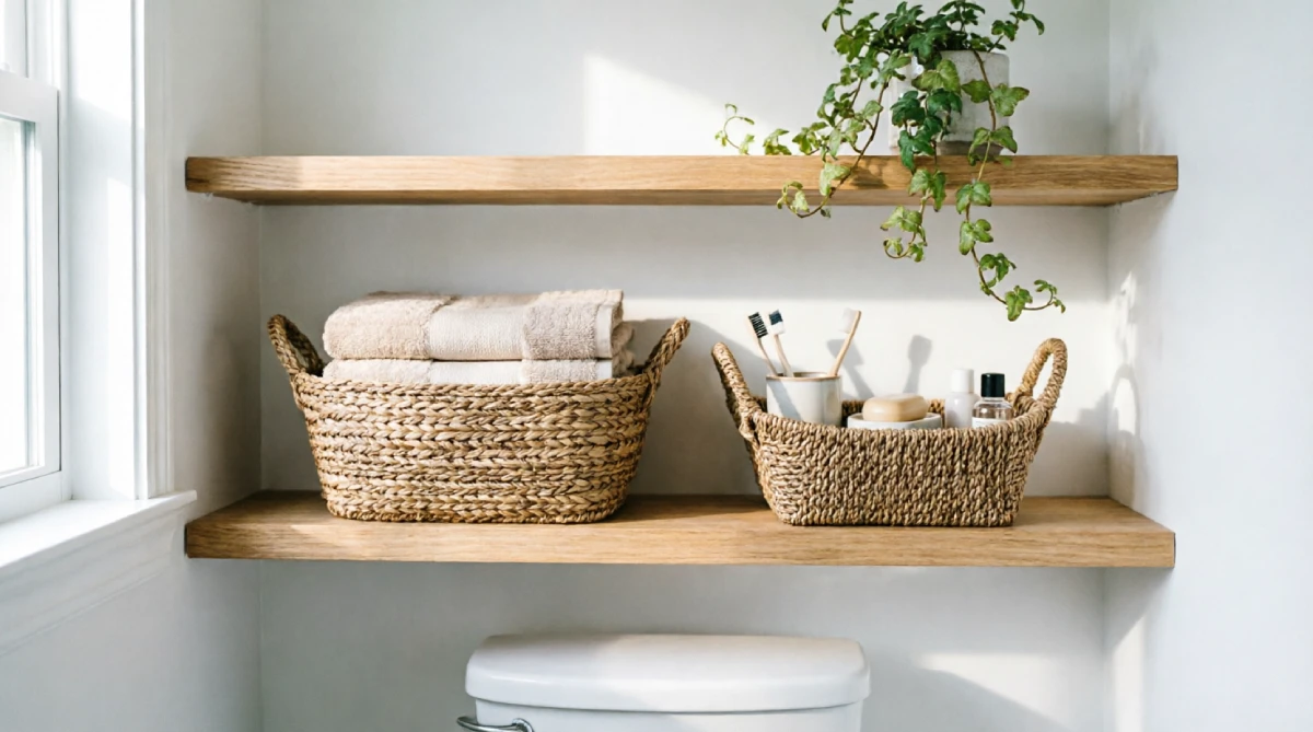 Seagrass storage baskets for a clutter-free summer bathroom