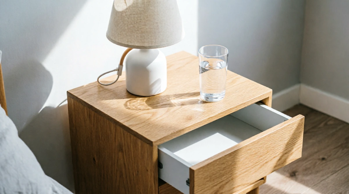 Clean nightstand with lamp and glass of water in a bright bedroom