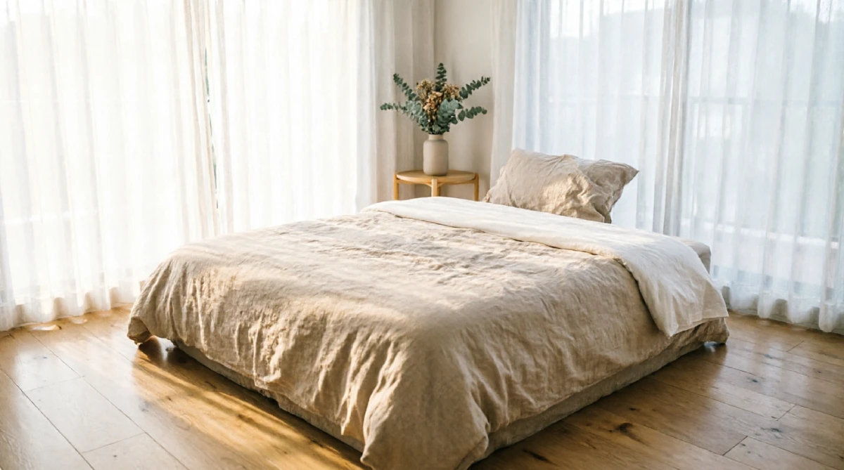 Light and airy summer bedroom with linen bedding and soft natural light.