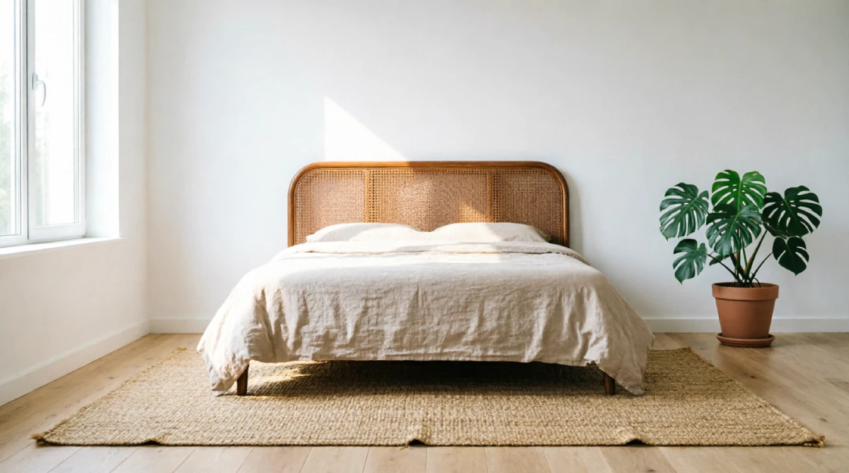 Bedroom with rattan headboard and jute rug adding natural texture