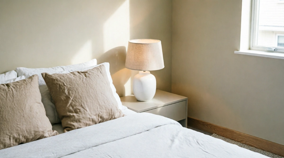 Calm neutral bedroom with soft beige and white tones and natural morning light