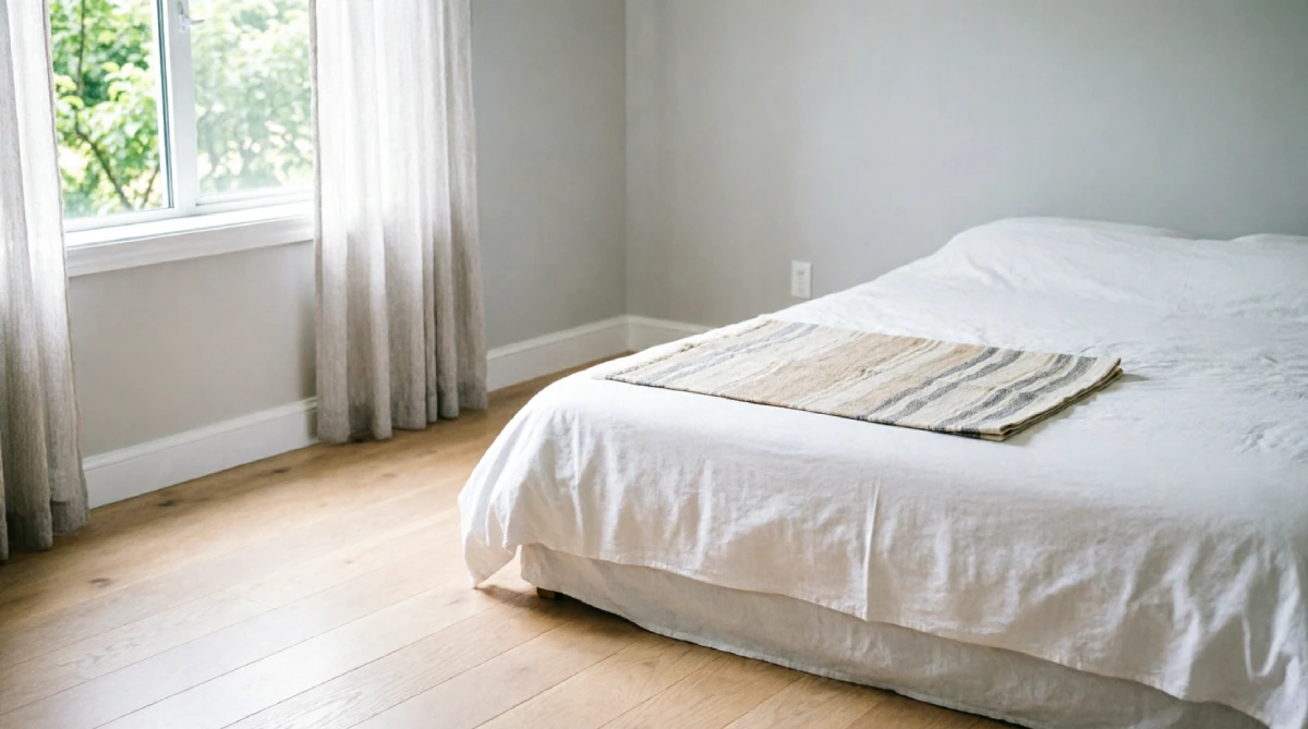 Cool bedroom with bare wood floor and a thin cotton rug in summer
