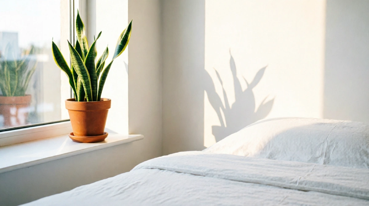 Snake plant on windowsill adding life to a simple summer bedroom