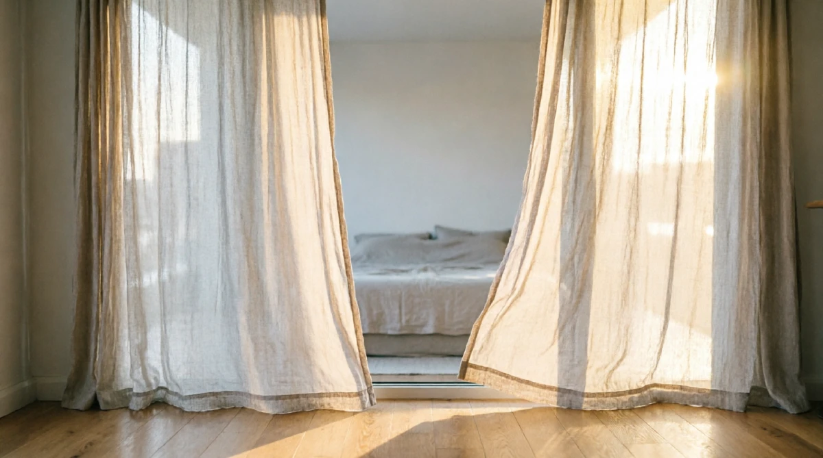 Sheer curtains diffusing bright summer sunlight in a calm bedroom