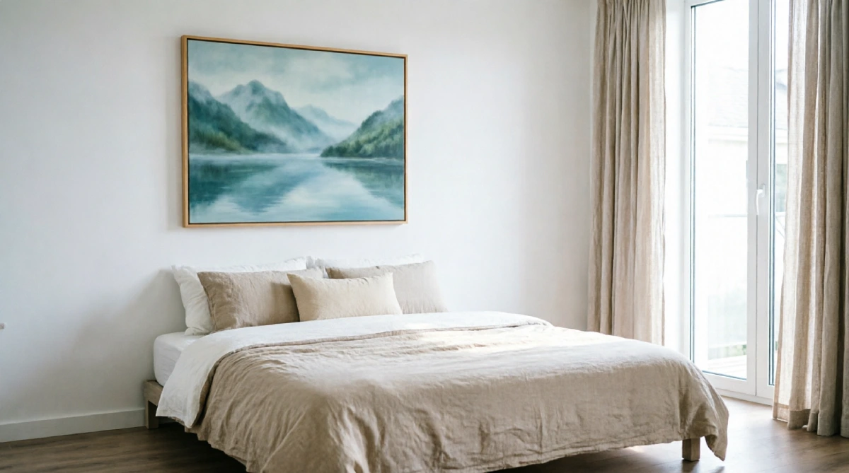 Bedroom with one calming landscape painting above the bed