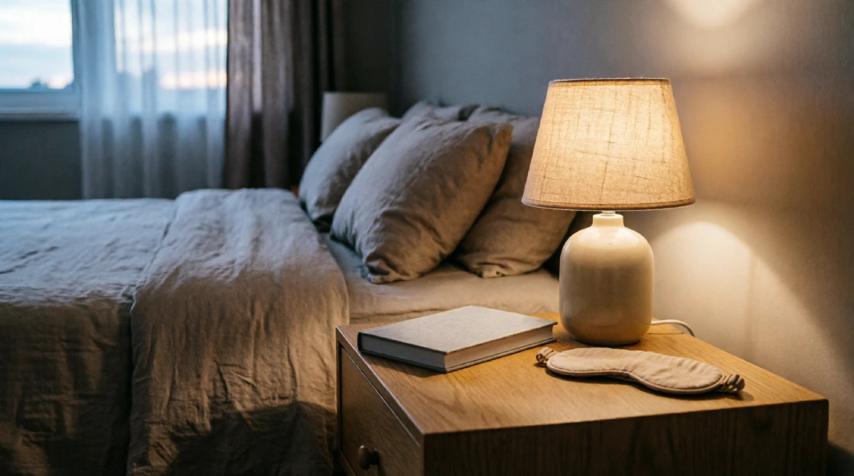 Soft bedside lamp creating a relaxing evening atmosphere in a minimal bedroom