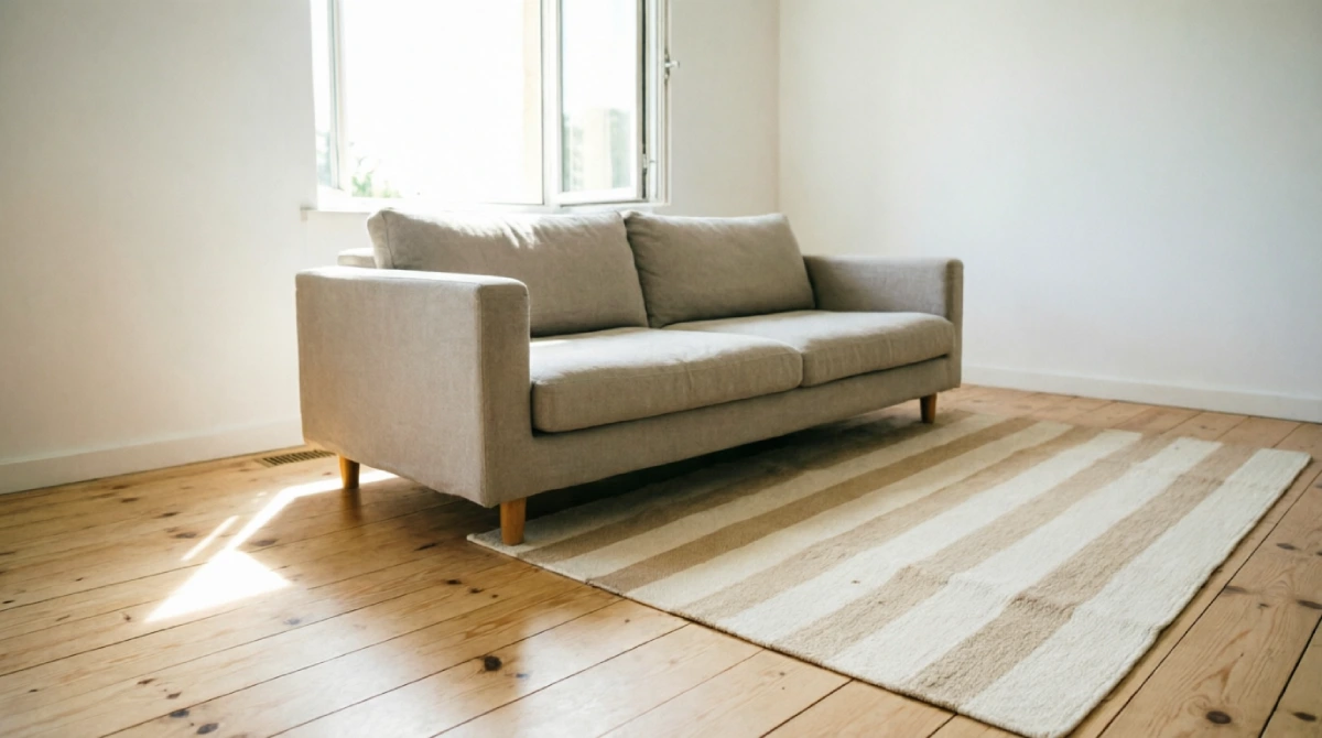 10 Minimal Summer Living Room Ideas for Simplicity - Living Room - Homedecortoday A lightweight cotton rug on wooden floor in a minimal summer living room.