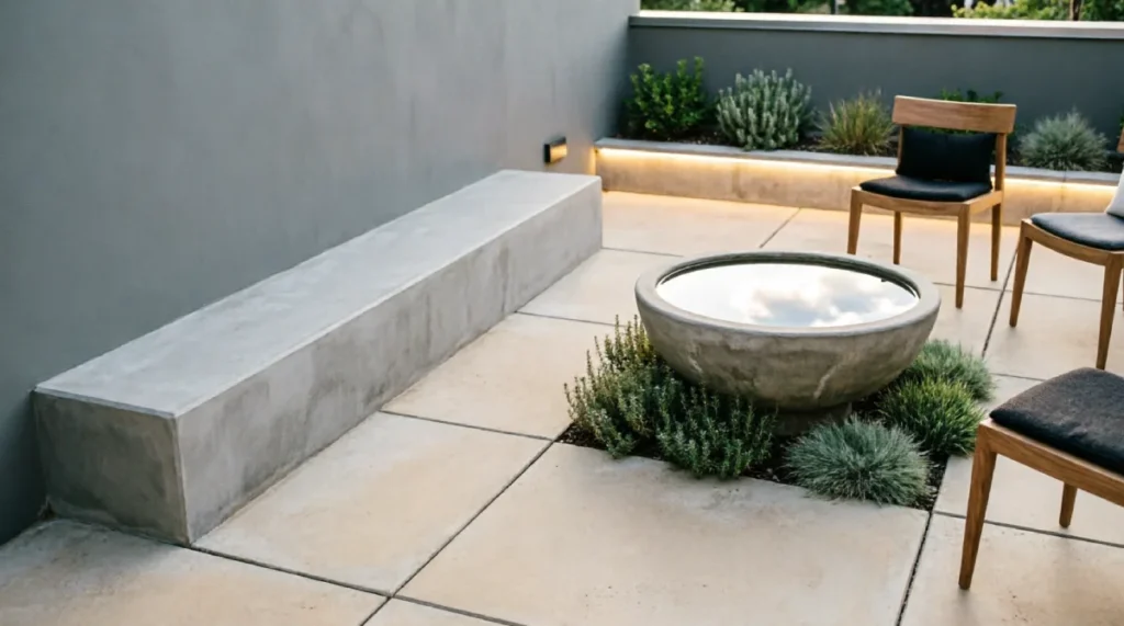 Sunlit minimalist patio with pale large-format paving, a continuous rendered bench along a sage wall, a single concrete water feature, and low ground-cover plants surrounding slim-legged timber seating.