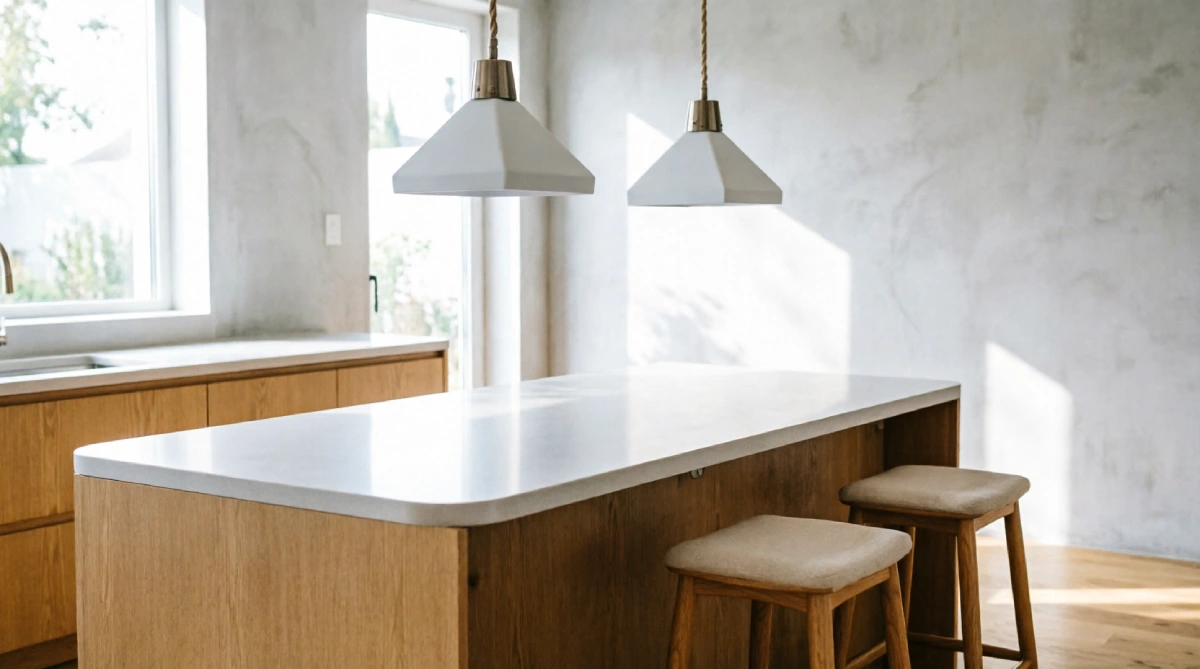 Modern summer kitchen island with simple matte white pendant lighting and wood counter stools